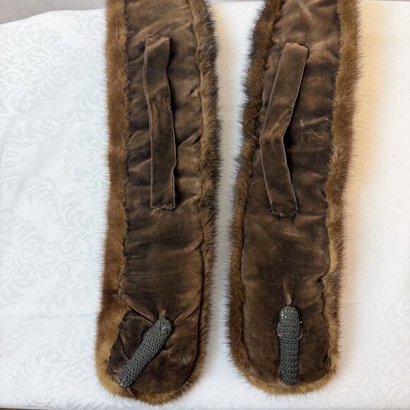 VTG 1940s Real Mink Fur Stole Scarf Wrap Brown Satin Lined PM Monogram 40x4 - Picture 6 of 7